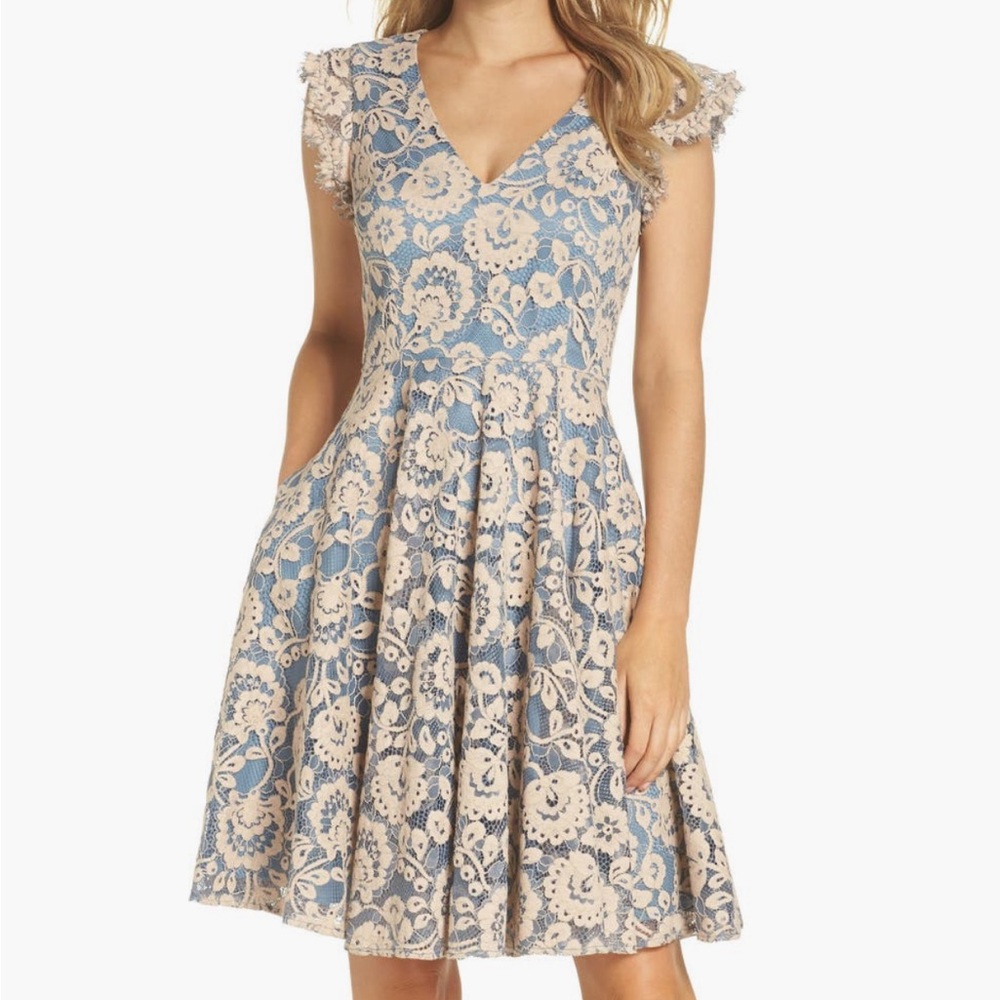 Eliza J Blue and Cream Pleated Fit and Flare Dress - Picture 4 of 8